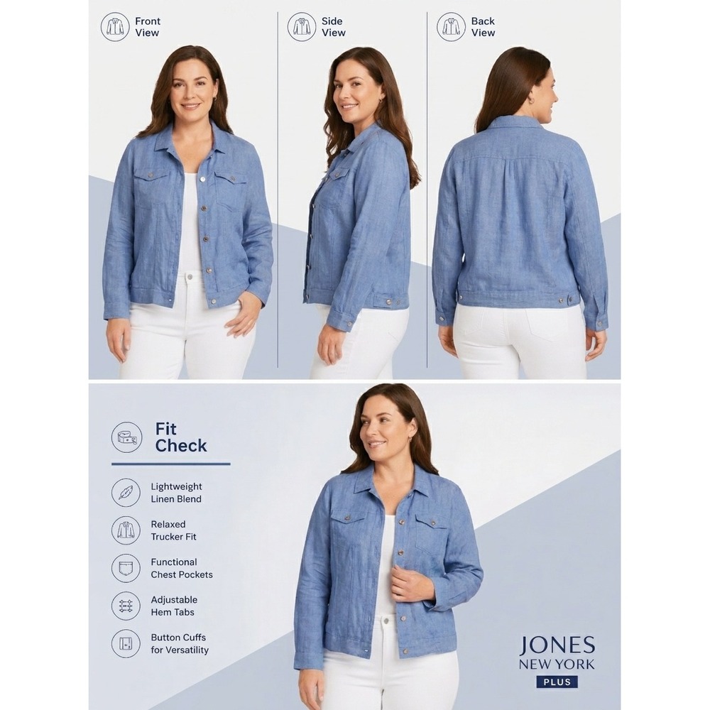 100% Linen Jones New York Jacket Womens 3X Blue NEW Relaxed Trucker Lightweight - Picture 9 of 9
